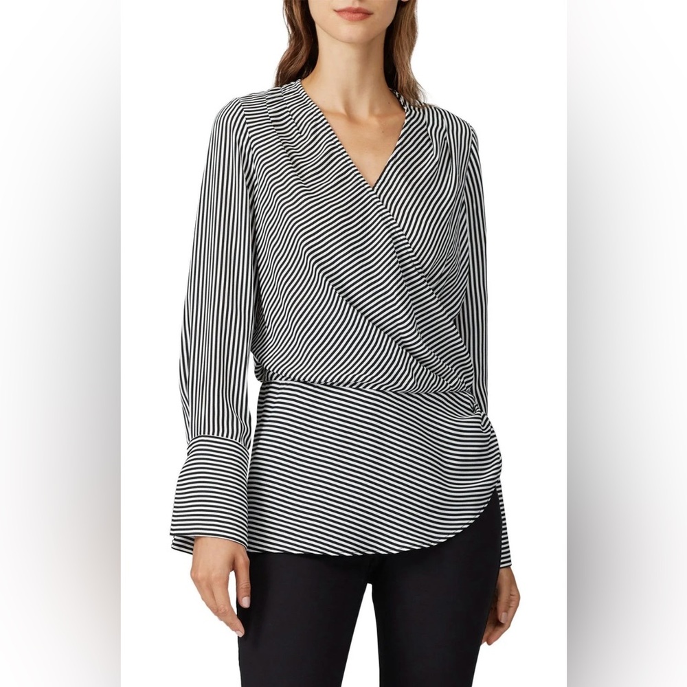 Badgley Mischka Black White Stripe Wrap Blouse Drape‎ Office Classic